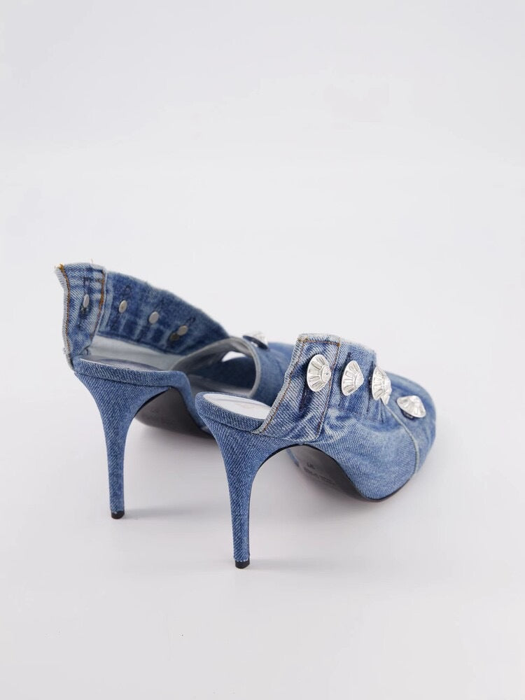 Women's Stiletto Heel Square Toe Denim Metal Rivet Slippers