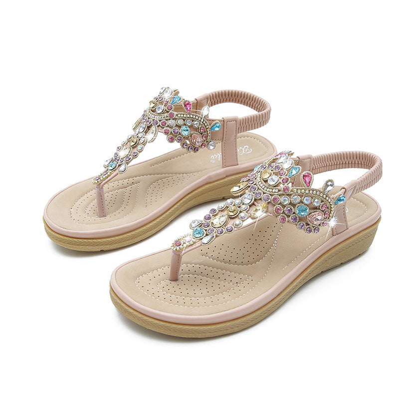 Sandalias planas con diamantes de imitación de estilo bohemio