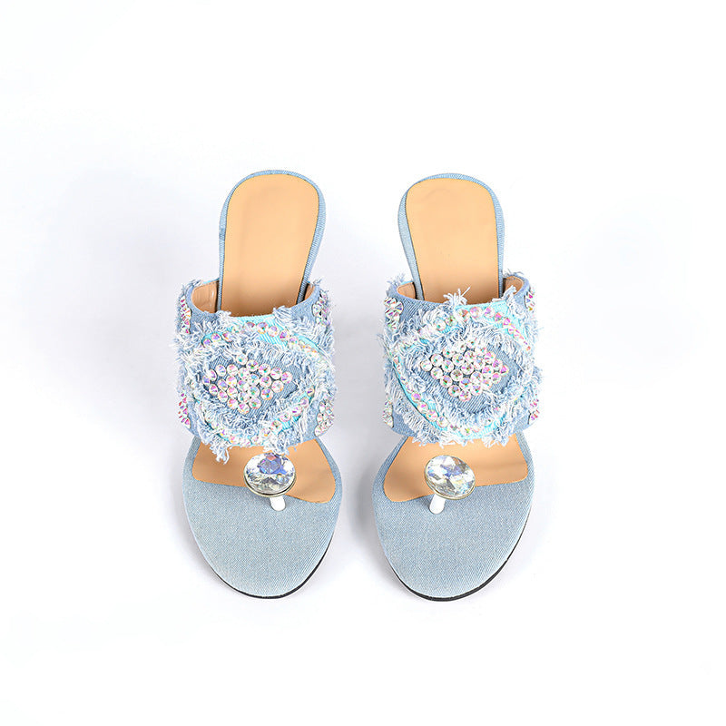 Rhinestone Round Toe Clip Toe Slip-on Metal Teeth Profiled Heel Women's High Heel Plus Size Shoes