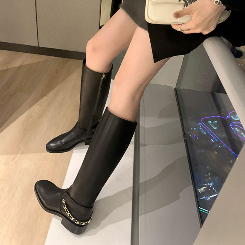 Thick Heel Wide Side Zipper Round Head Knight Boots