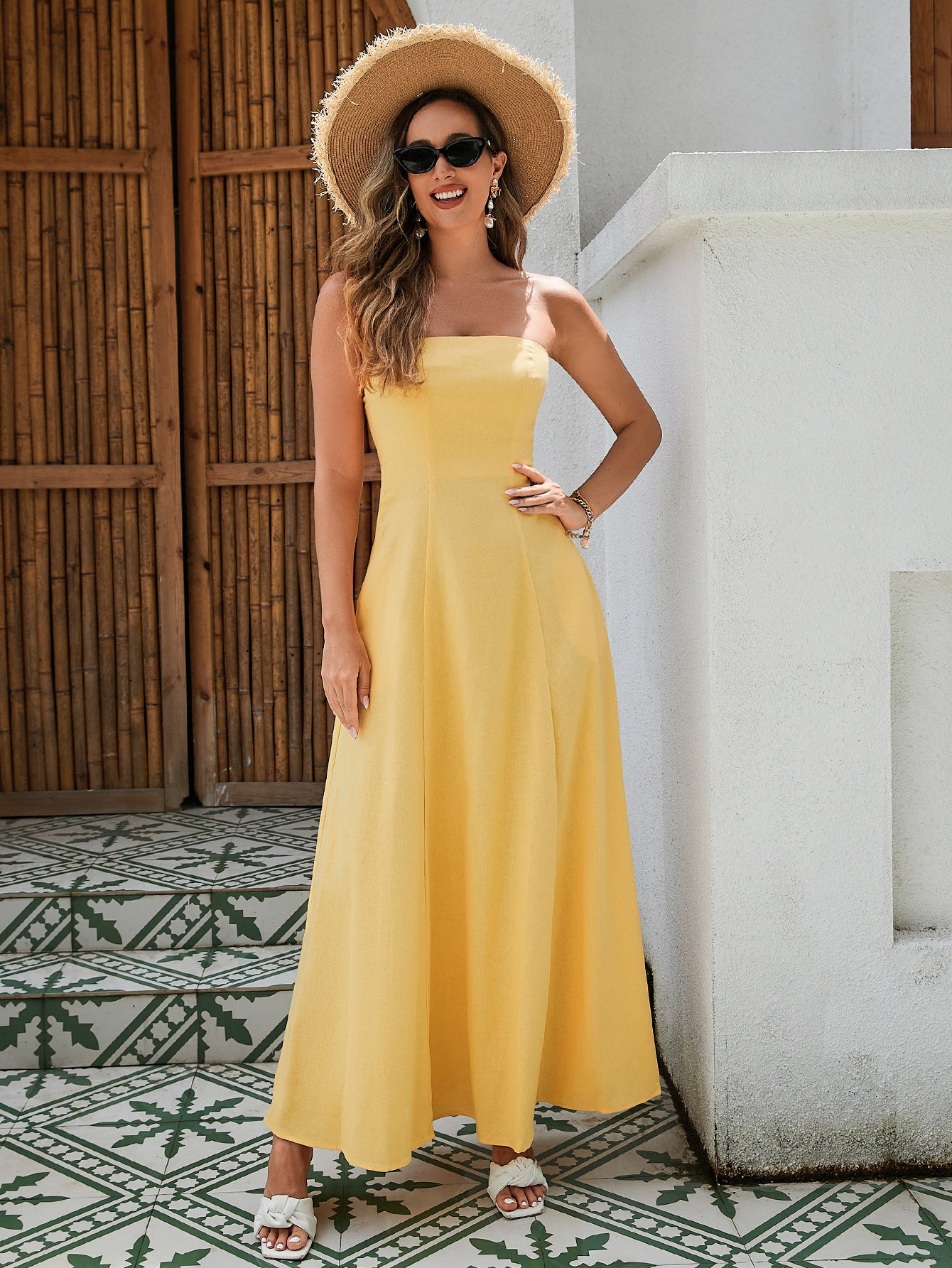 Women's Strapless Linen Maxi Dress - Breathable Fabric With Shirred Back, Flattering A-Line Cut In Classic Black, White, And Yellow