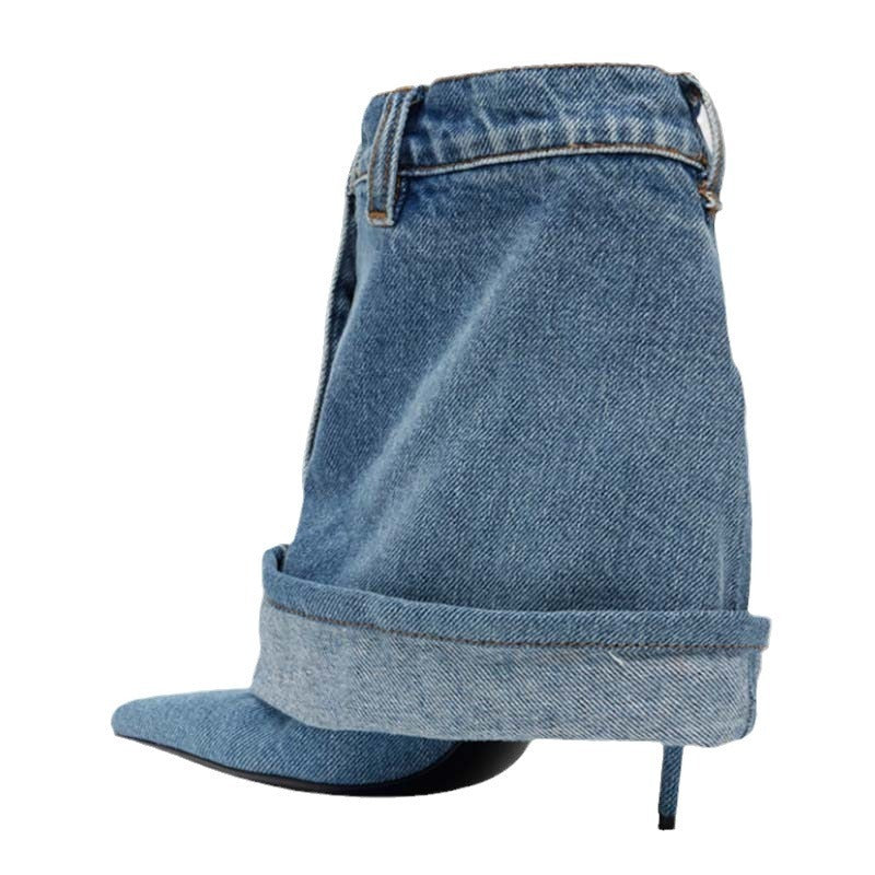 Pointed-toe Washed Denim Pantskirt Stiletto Heel Ankle Boots