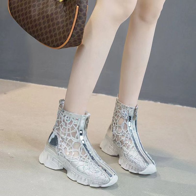 Thin Rhinestone Front Zipper Martin Boots Female Mesh Yarn