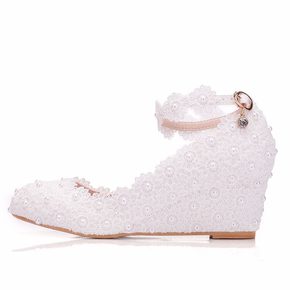 White Lace Pearl High Heel Shoes