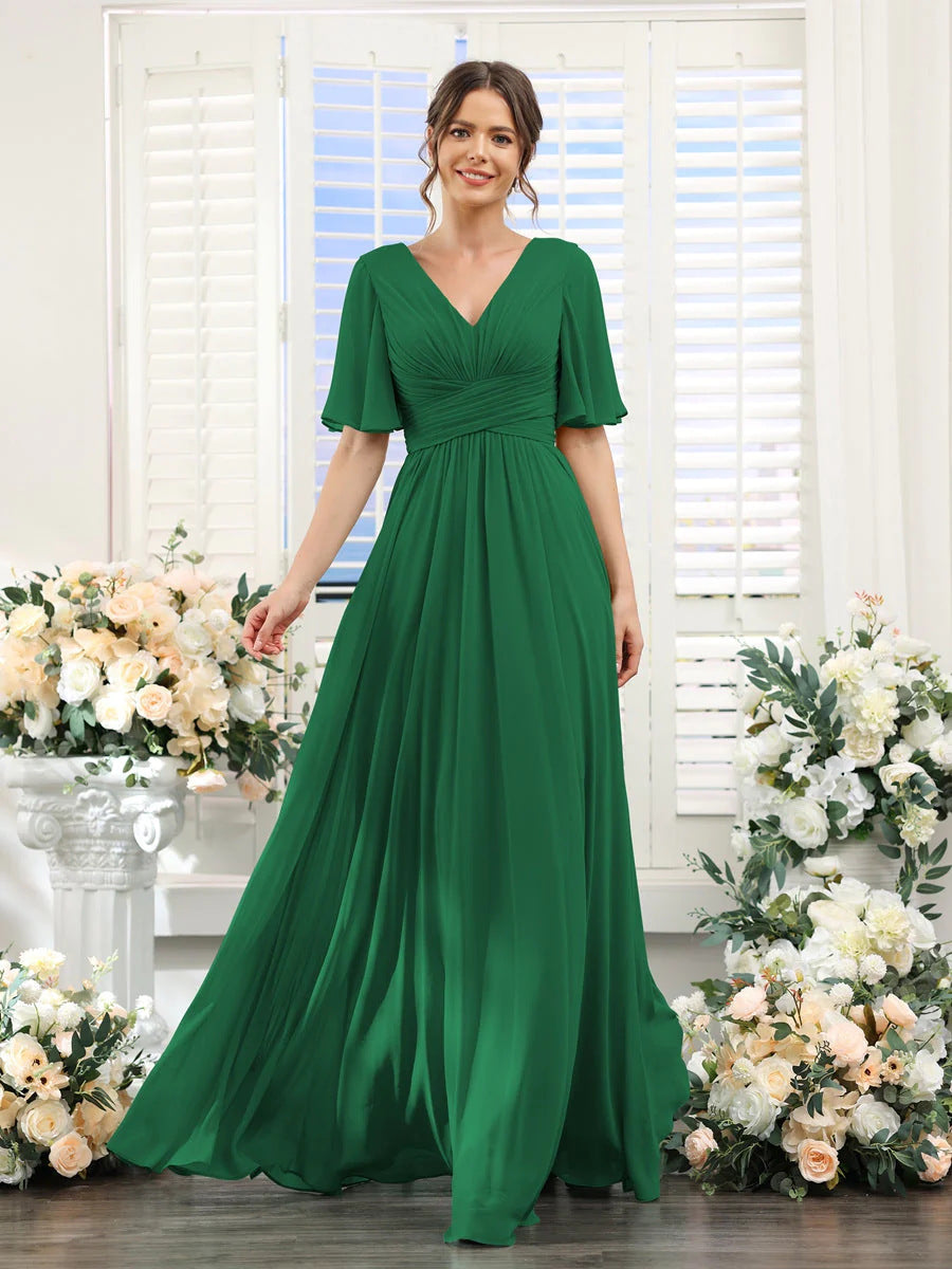 Chiffon Evening V-neck Butterfly Sleeve Host Long Dress