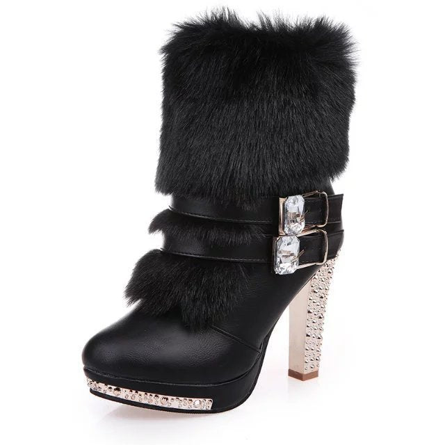 Chunky Heel High Heel Mid-calf Leather And Fur Integrated Rhinestone Women's Boots