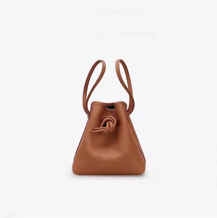 Niche Lychee Grain Top Layer Cowhide Bucket Bag With Drawstring