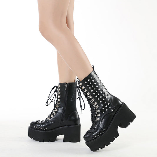 Autumn And Winter New Chunky Heel Side Zip Thick Bottom Fashion Rivet Knight Boots