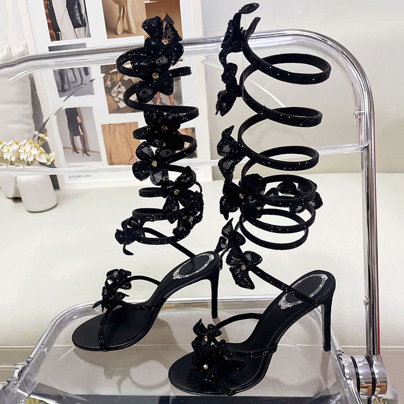 Rhinestone Snake-shaped Strip Winding Sexy Stiletto Heel Catwalk Sandals