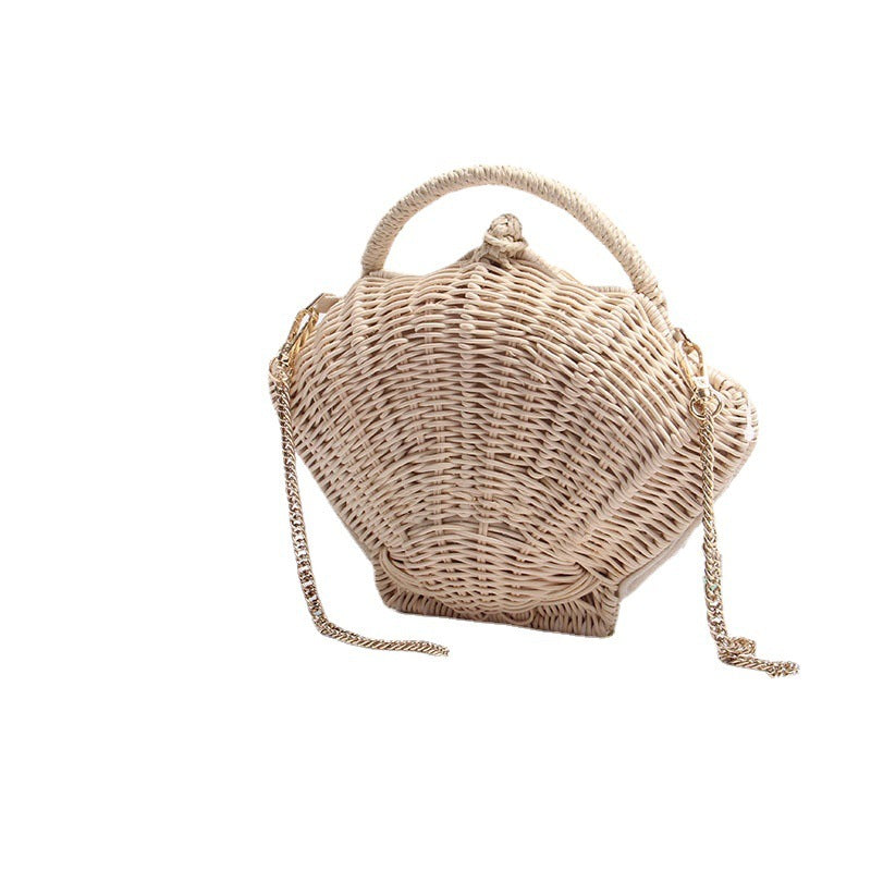 Bolso de mano tejido para mujer, tipo concha, con cadena