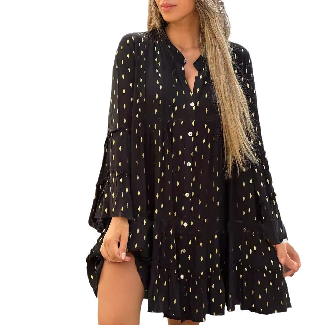 Women's Gilding Fashion Flared Sleeves Wide Hem Loose Dress