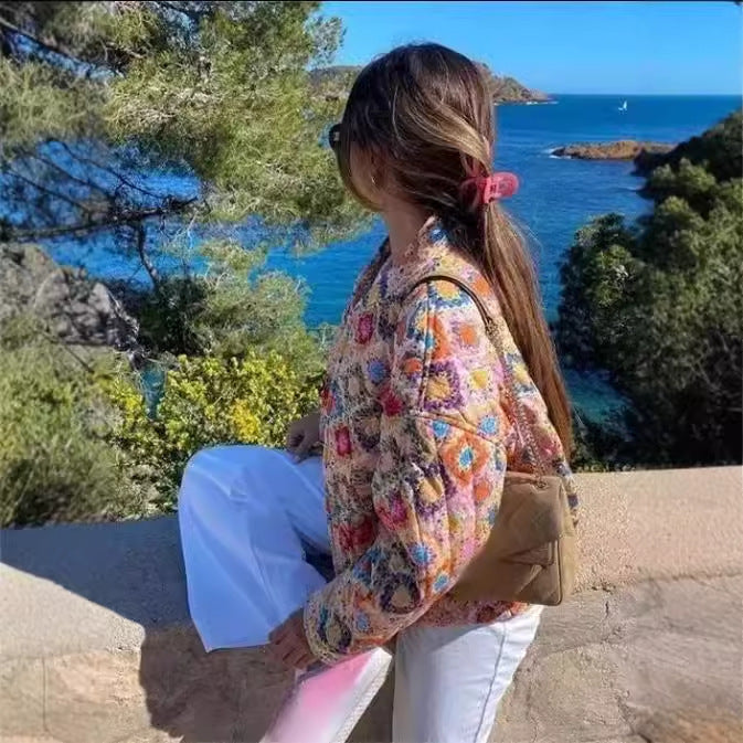 Chaqueta acolchada de algodón con estampado de cuello redondo para mujer