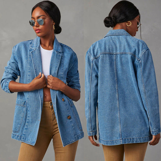 Washed Blue Denim Women's Suit Jacket