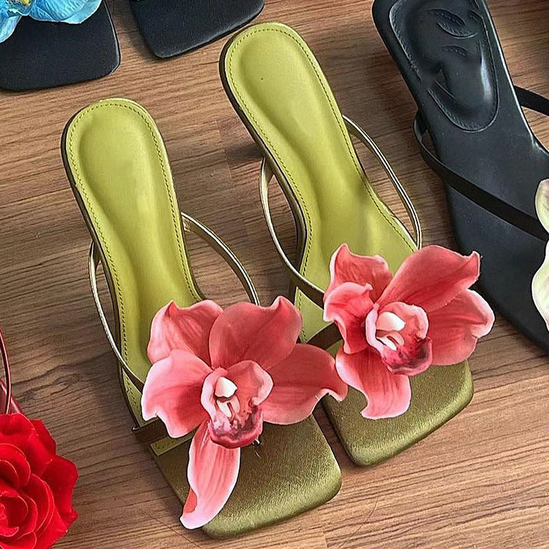 Summer New Stiletto Heel Satin Flip-flops Outer Wear Half Slippers High Heel Slippers Women