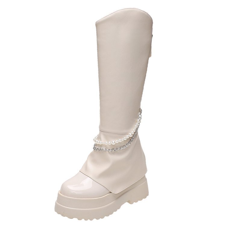 High 10cm Inner Heightening Pant Leg Boots Pearl Chain But Knee Knight Boots