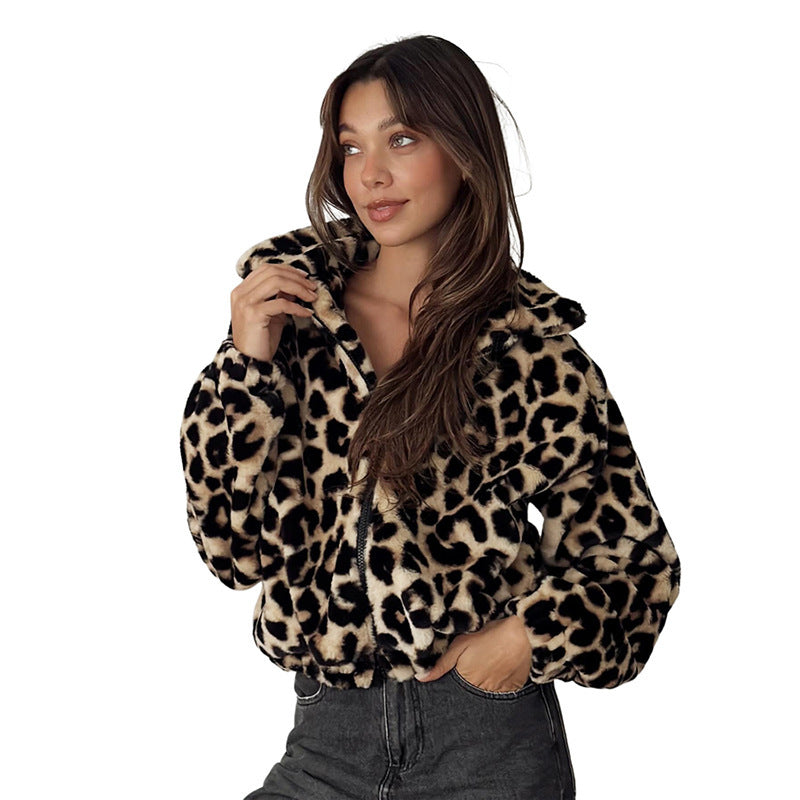 Manteau court en peluche ample à imprimé léopard pour femme