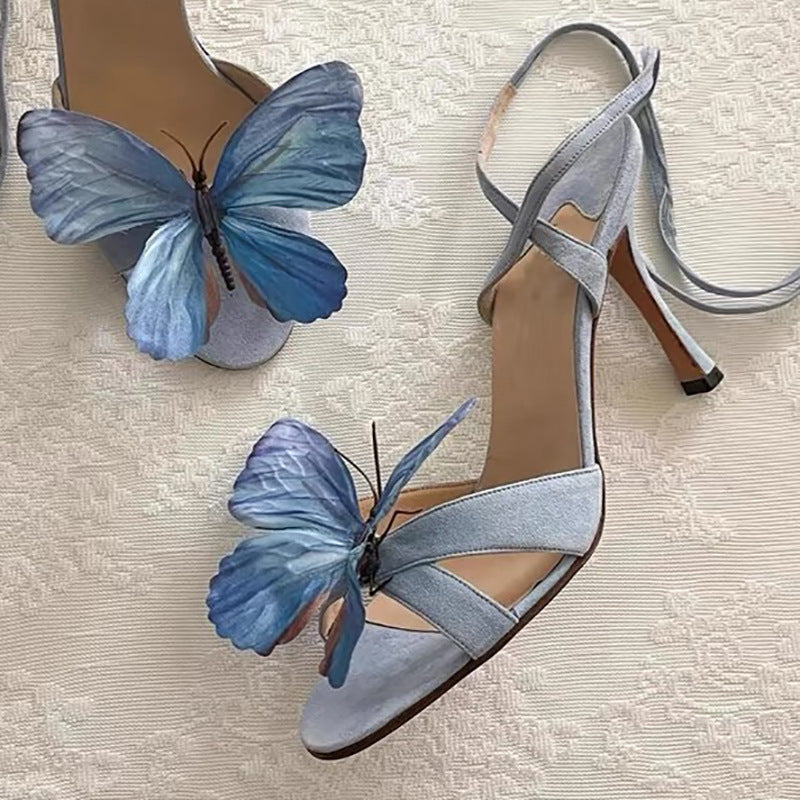 Genuine Leather Fairy Butterfly Flowers Cross Strap Sandals Sexy Open Toe High Heels