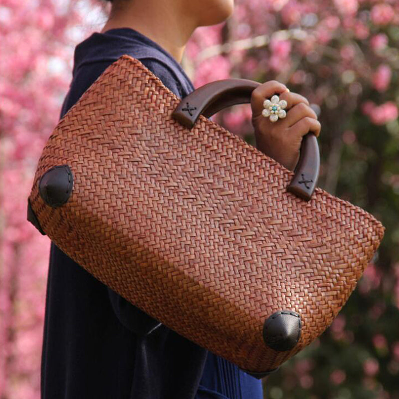 Bolso de mano de mujer, estilo retro, con almacenamiento, de paja de ratán, para viaje