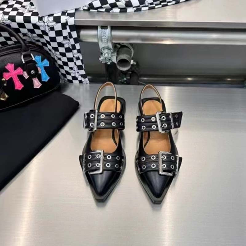 Pointed Toe Belt Buckle Mules Leather Flat Sandals