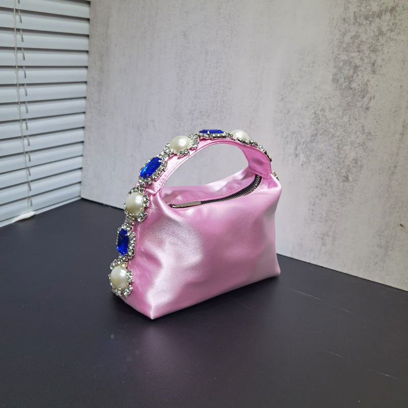 Flower Rhinestone Pearl Dinner Bag Silk Diamond Clutch