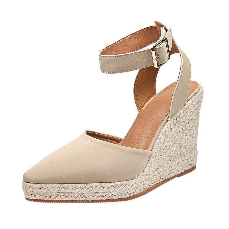 Women's Straw Woven Wedge Platform High Heel Pointed Sandals