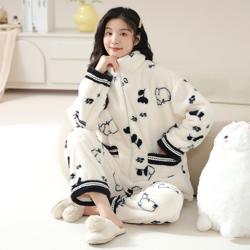 Outerwear Fleece-lined Thick Style Homewear Long-sleeve Suit