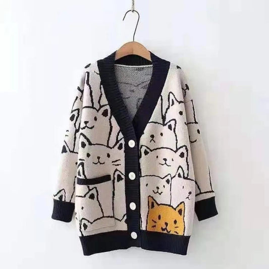 Loose Western Style Long Sleeve Knitted Cardigan Cartoon Sweater