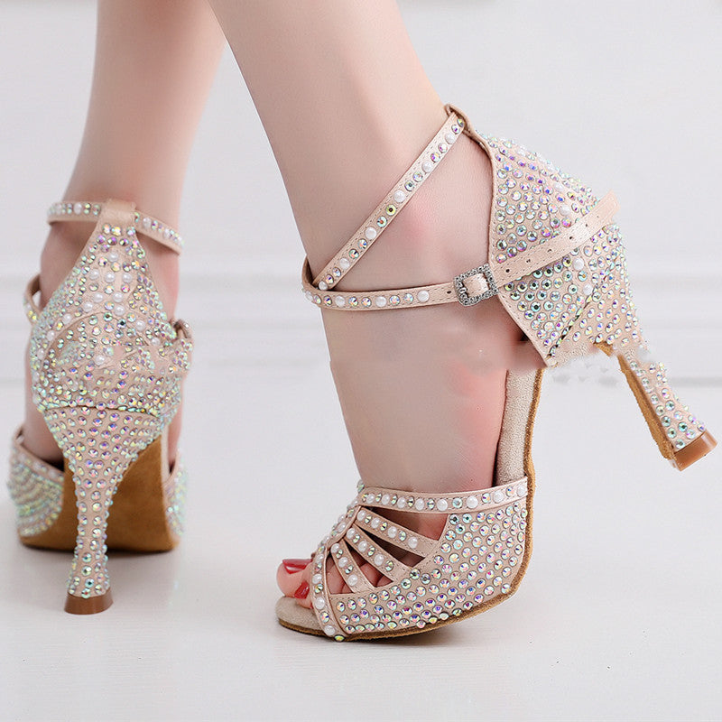 Zapatos de baile latino con tacón alto y suela suave de diamantes de imitación para mujer