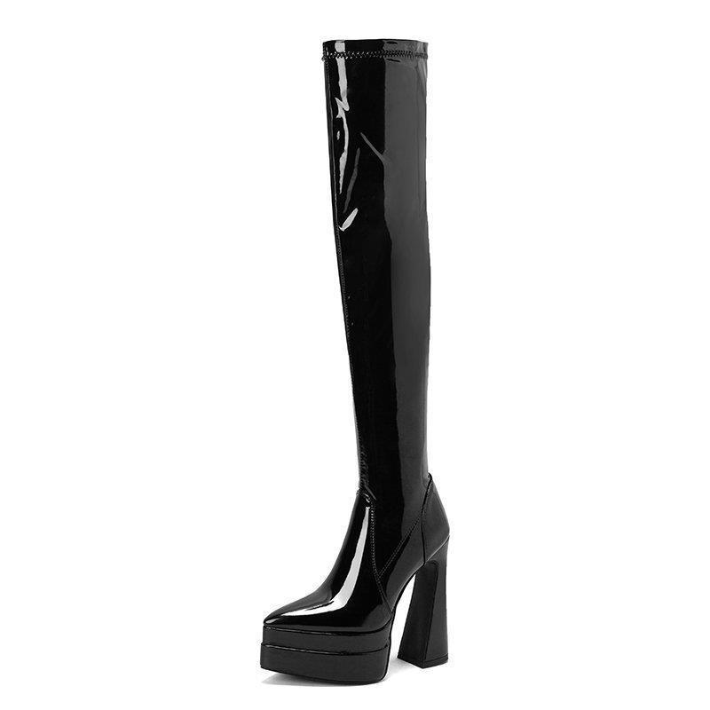 Bright Faced Thick Heeled Patent Leather Knee Boots