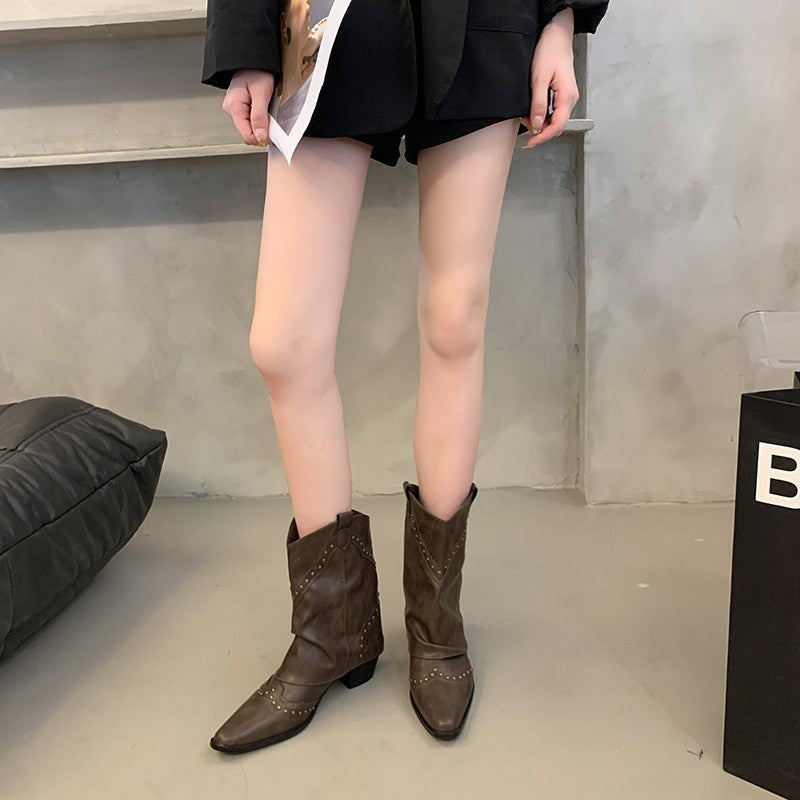 Special-interest Design Retro V Cut Pointed Toe Pantyhose Boots For Women