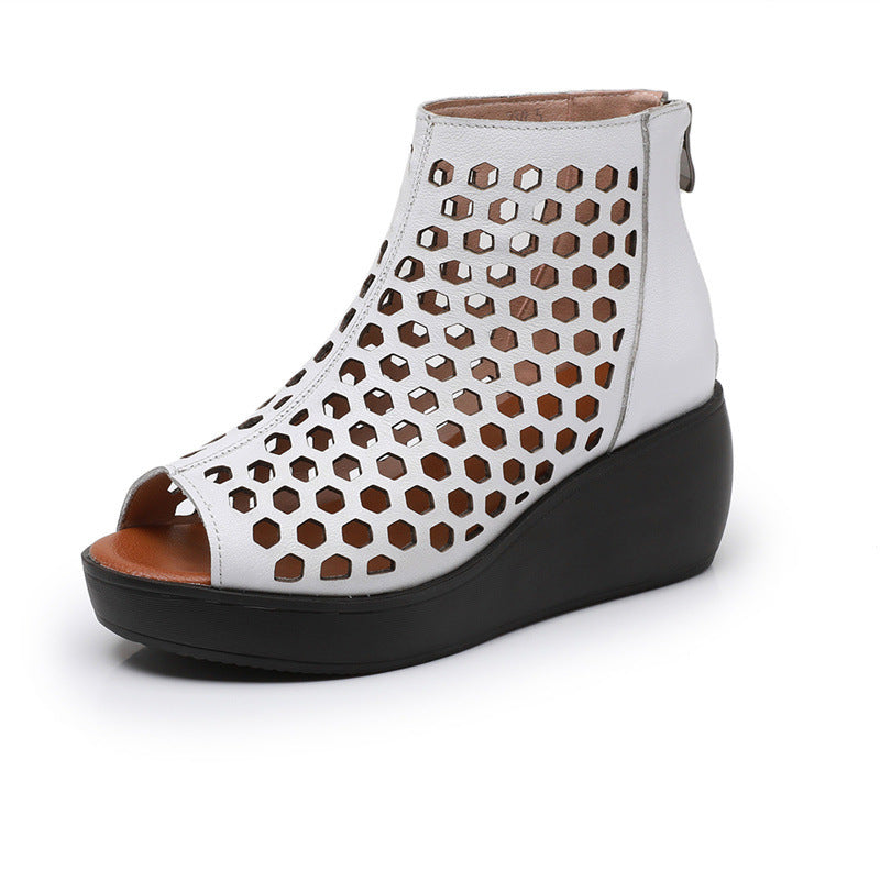 Zapatos de Cuero para Mujer Sandalias Peep Toe Plataforma Cuña Ahuecada