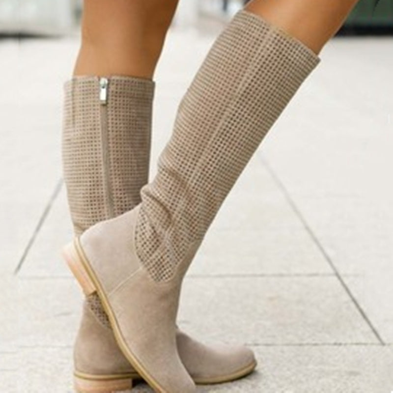 Low Heel Large Size Round Head Air Vent Suede High Boots