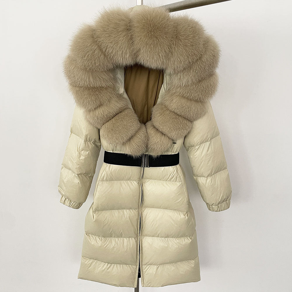 Women's Long Cinched Hoodie Real Fox Collar Fur Down Jacket Coat