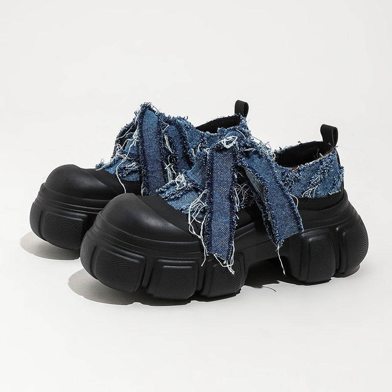 New Autumn Thick Bottom Denim Design Sense Heightened Single Layer Shoes