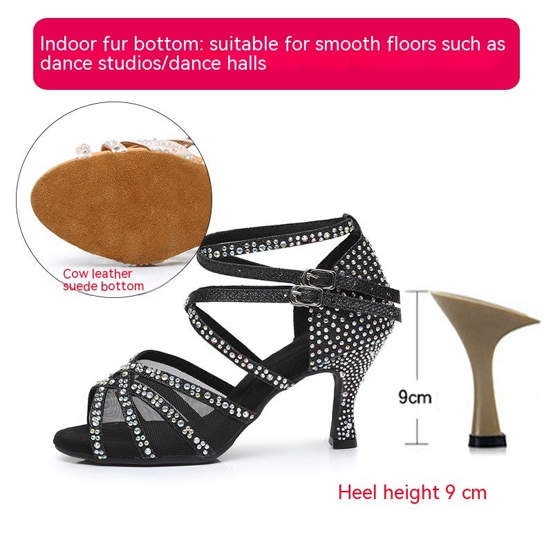 Diamond Latin Dance Shoes Women's Sandals Professional Soft Bottom Dance Shoes Mid-high Heelindoor