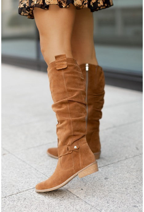 Botas altas de ante con cremallera lateral y tacón bajo para mujer de otoño e invierno