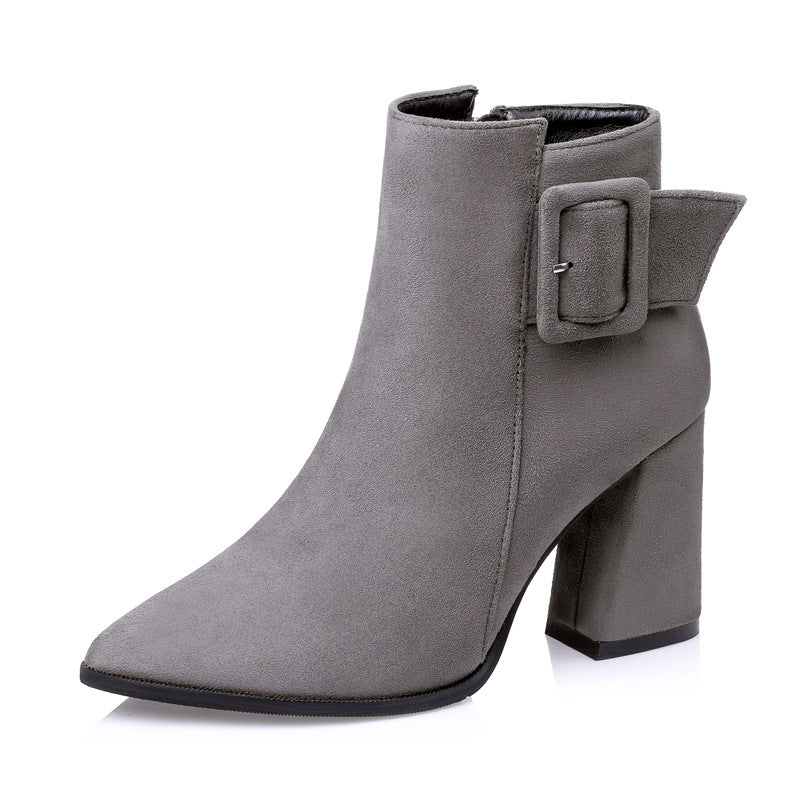 Pointed To Martin Female Frosted Thick With Short Belt Buckle High Heel Boots