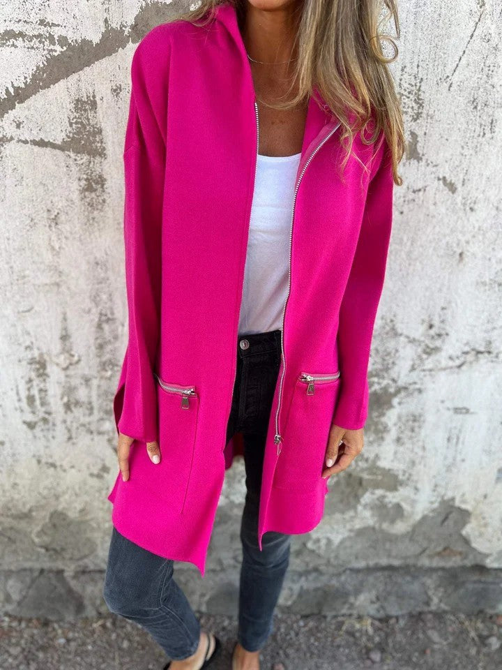 Chaqueta con capucha y cremallera informal de color sólido para otoño e invierno