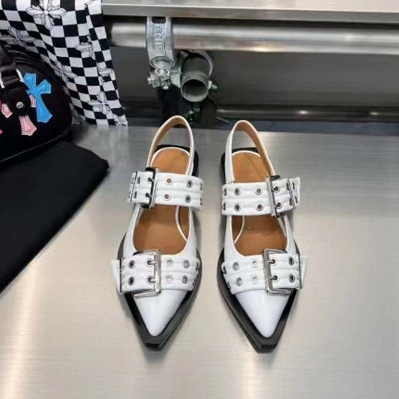 Pointed Toe Belt Buckle Mules Leather Flat Sandals