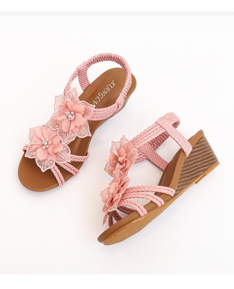 Sandalias romanas de cuña con diseño bohemio retro y flores para vacaciones