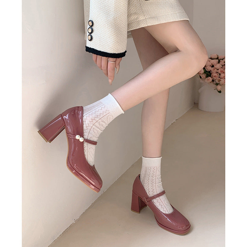 Square Toe Low-cut Retro Shoes French Chunky Heel High Heels