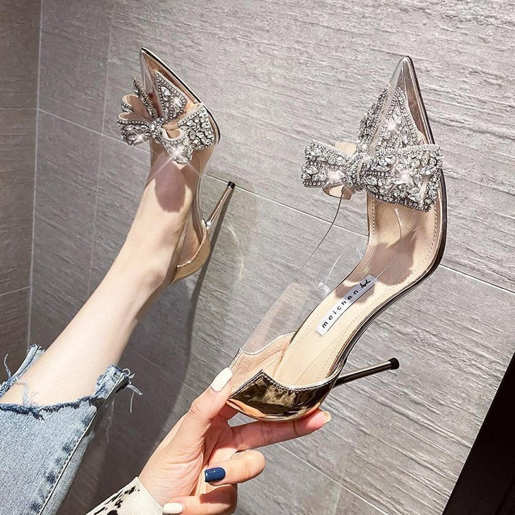 Korean Version Single Shoe Thin Heel Pointed Diamond Bow