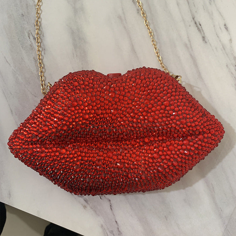 Bolso de mano para cena con cadena de labios de acrílico con diamantes incrustados y diamantes de imitación