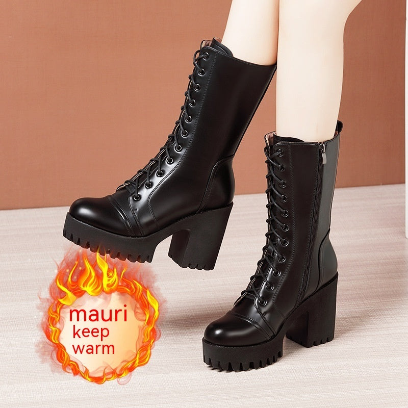 Leather High Heel Mid-calf Boots For Women Lace-up