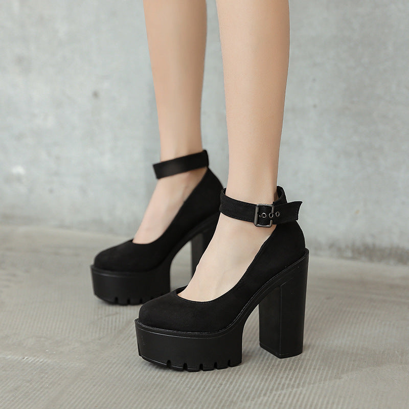 Black Platform Belt Buckle Chunky High Heels