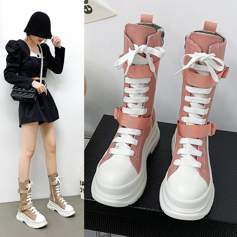 Women's Fashion Casual Platform Lace-up Canvas Boots