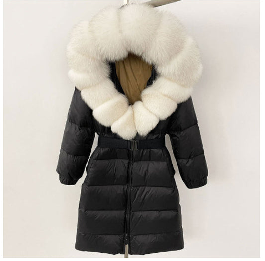 Women's Long Cinched Hoodie Real Fox Fur Collar Coat