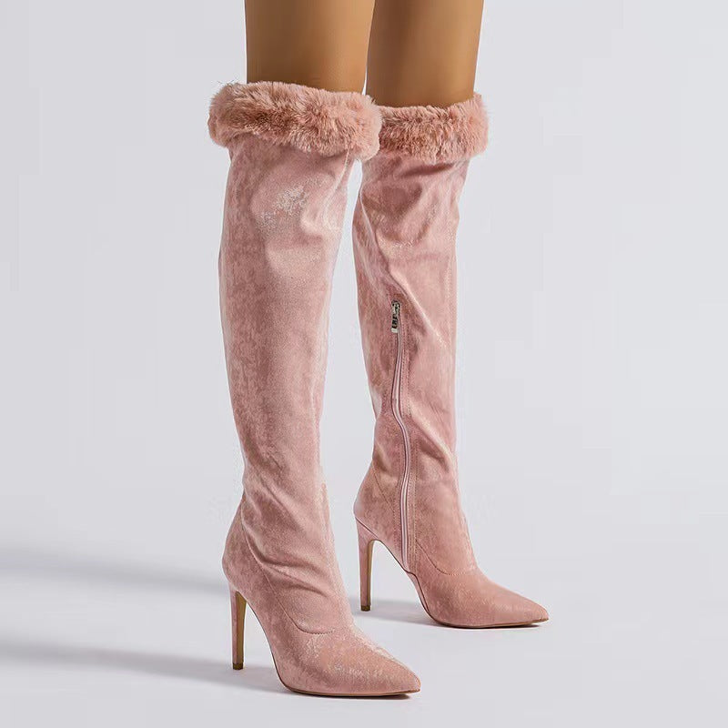 Fine Heel High Boots Large Tube Girth Pointed Tip Sleeve Lace Boots