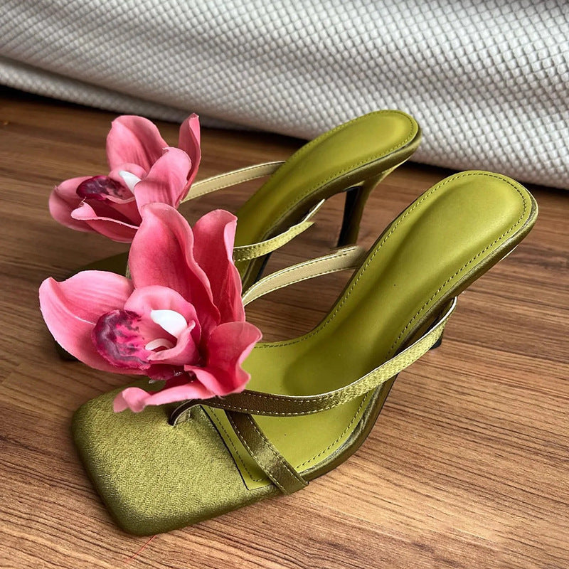 Summer New Stiletto Heel Satin Flip-flops Outer Wear Half Slippers High Heel Slippers Women