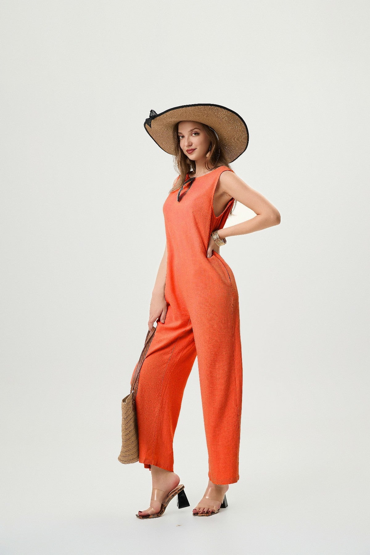 Women's Linen Jumpsuit - Comfortable And Breathable, Elastic Back With Classic H-Line Design And Pockets, Available In Black Apricot And Orange Red